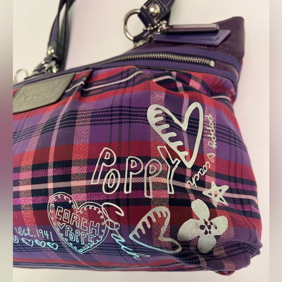 Coach Y2K Poppy Collection Tartan Canvas Purple Plaid Graffiti Tote/Shoulder Bag - Picture 5 of 16